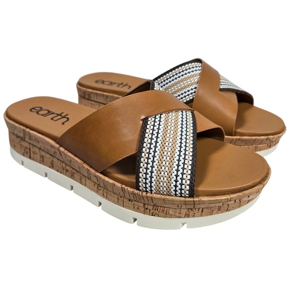 Earth Womens 11M etFINALE Wedge Platform Cork Sandals Brown Tan Beaded‎ Strap